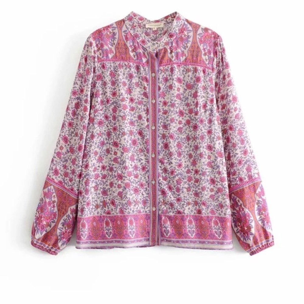 Gypsy Jasmine Shirt Top Floral Spell Boho Peasant M button down free spirit